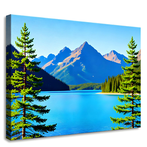 Impresión en lienzo de paisaje azul con montañas, lagos, árboles y un diseño decorativo sereno, adecuado para el hogar o la oficina - Product Image 5