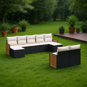 Ensemble de canapés de jardin en rotin noir 6 places, mobilier d'extérieur résistant aux intempéries, design contemporain, structure en teck - Product Image 2