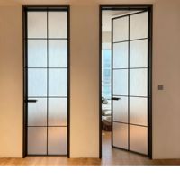 Porte de séparation à charnières en verre cannelé style français, simple couche, trempée, battante, grille noire, pour intérieur, salle de bain, salon