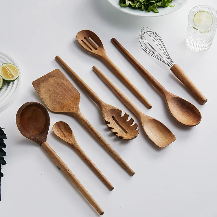 Eco-Friendly 8pcs Solid Spoon Food Turner Spatula Slotted Spoon Whisk Acacia Wood Cooking Utensil