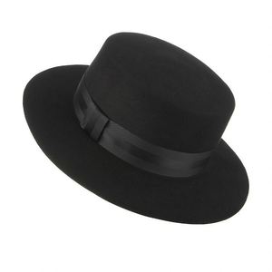 Sombrero Fedora Unisex 100% Lana, Negro, Retro, con Cinta Ancha, Parte Superior Plana, Casual, Transpirable, para Adultos, Todas las Temporadas - Product Image 1