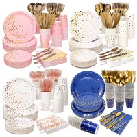 Ensemble de vaisselle jetable à pois dorés pour décorations de fête d'anniversaire, assiettes en papier, serviettes, gobelets, couverts dorés, 200 pièces/paquet