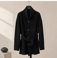 Veste décontractée chaude pour femme en cuir de mouton, col montant, avec ceinture, pour l'automne et l'hiver