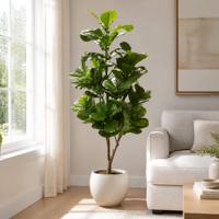 Plante artificielle réaliste Ficus lyrata en pot, grande, verte, avec pot en plastique, pour décoration intérieure moderne et aménagement paysager.