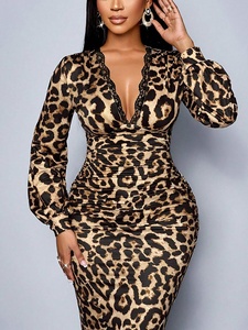 Abito Midi da Donna con Stampa Leopardata, Scollo a V Profondo, Dettagli in Pizzo, Maniche Lunghe, Aderente ed Elasticizzato, <span class=keywords><strong>Sexy</strong></span> per Club, Feste, Appuntamenti, Lusinghiero - Product Image 3