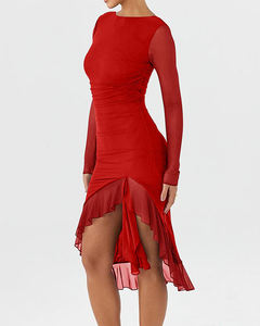 Robe élégante pour <span class=keywords><strong>soirée</strong></span>, club, femme, en maille unie, manches longues, plissée, moulante, mi-longue, ourlet asymétrique à volants, fente haute - Product Image 3