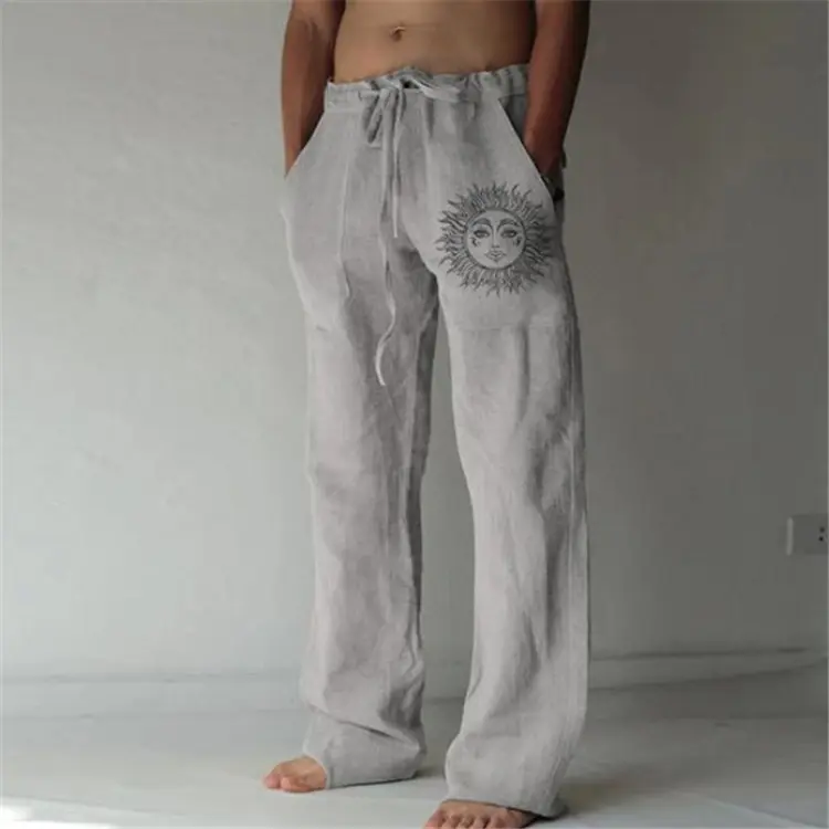 Pantalon en lin décontracté pour hommes, vêtements de grande taille, couleur unie, avec cordon de serrage, vente en gros,