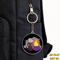 Porte-clés en acrylique It's Fine Cat & Cauldron, chat noir mignon souriant près d'une pot violette en flamme avec fumée, humour amusant et pétillant