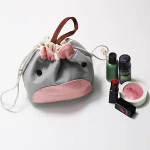 Custom Small Cute Round Cosmetic Drawstring Make Up Bag With Logo Canvas Draw String Pouch