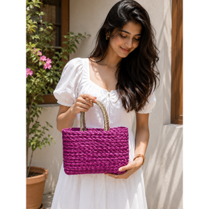 Handwoven Purple <b>Rattan</b> <b>Storage</b> Basket with Natural Handle Rectangle Shape Multi-Purpose Neatening Basket - Product Image 4