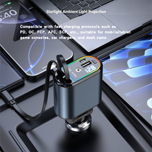 ที่ชาร์จในรถยนต์แบบพับเก็บได้ 120W 4 in <span class=keywords><strong>1</strong></span> ชาร์จเร็ว พร้อมอะแดปเตอร์ USB C และจอแสดงผลแรงดันไฟฟ้า LED Starlight ใช้ได้กับรถยนต์ทั่วไป - Product Image 4