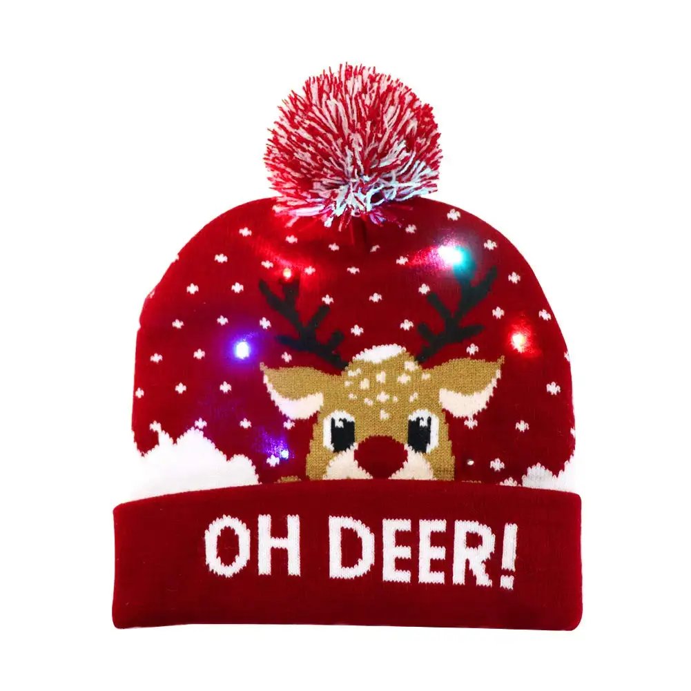 2023 Amazon Hot Sell New LED Christmas Hat Light Up Christmas Hat Unisex Knitted Beanie Holiday Hat with Deer Printing for Part