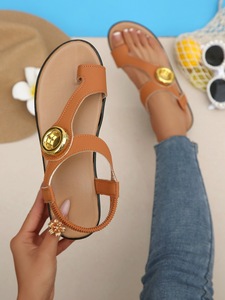 Womens Casual Wedge <b>Sandals</b> Toe Loop Design Metal Circle Decoration <b>Elastic</b> Ankle Strap Summer Footwear - Product Image 4