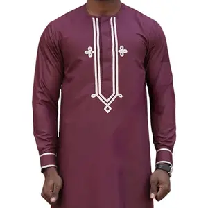 Custom Muslim clothing Qatar men's robe Indonesia Islamic products red round neck embroidery