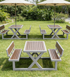 Tavolo Rettangolare in Alluminio con Panche Integrate e Foro per Ombrellone, Arredo per <span class=keywords><strong>Terrazze</strong></span> di Ristoranti all'Aperto, Uso Esterno Resistente - Product Image 1