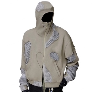 Veste unisexe pour homme en molleton 100% coton, coupe ample, avec fermeture éclair personnalisée, effet vieilli, bords bruts et patchwork en tissu mesh - Product Image 6