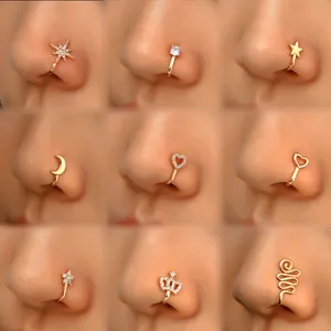 Toderi altın gümüş renk zirkon yıldız kalp taç burun yüzük burun Piercing klip çapraz burun mandalı takı Piercing