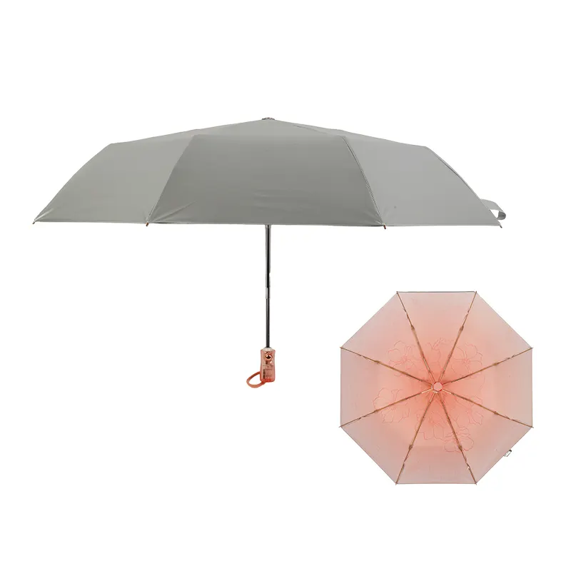 Recién llegado, paraguas con estampado personalizado para mujer, sombrilla de protección UV con revestimiento plateado, 3 paraguas plegable con mango de plástico