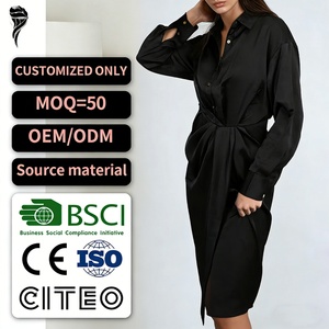 Vestido Camisero Negro Fruncido Personalizado - Vestido Formal de Oficina de Manga Larga con Tela y Ajuste Personalizables - Product Image 1