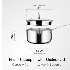 High-Quality Triply Stainless Steel Saucepan with Strainer Lid, Available in 14cm, 16cm, and 18cm Sizes, <b>Induction</b> Compatible - Product Image 2