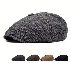 หมวกเบเร่ต์ขนสัตว์ลายก้างปลาสำหรับผู้ชาย ฤดูใบไม้ร่วง ฤดูหนาว ผ้ากำมะหยี่ อุ่นสบาย สไตล์ลำลอง หมวกทรงนิวส์บอย - Product Image 1