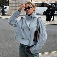 Blouson coupe courte croisé sur mesure OEM pour femme, col montant, en sergé bleu clair, coupe-vent, vêtement d'extérieur