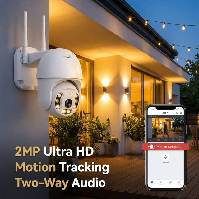 V380 2MP WiFi CCTV Camera, IP66 Waterproof, Two-Way Audio, Full Color, Night Vision, Smart PTZ Indoor Outdoor Security IP Camera