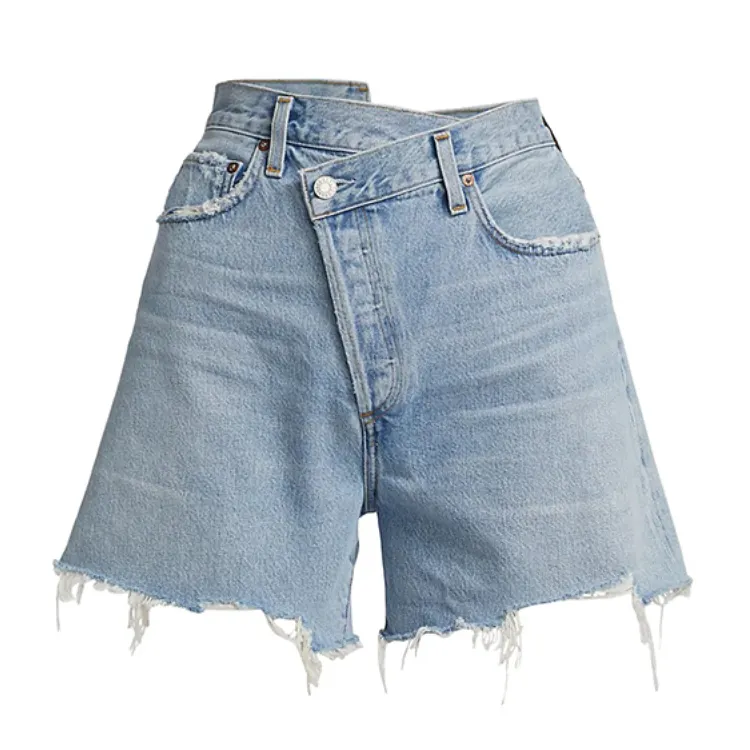 fashion wholesale ladies asymmetric waist jeans for women customized high waist women's ripped hem denim shorts