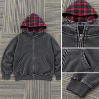 Sweat à capuche zippé surdimensionné pour homme, gris anthracite à carreaux, épaules tombantes, style streetwear vintage, personnalisable avec logo, vente en gros