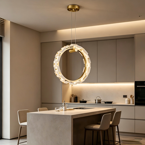 Lustre LED rond en albâtre personnalisé, petit modèle, design contemporain en laiton, pour villa, salon, restaurant, décoration - Product Image 3