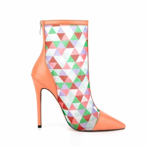 Le più nuove donne di alta qualità arancione a quadri tessuto a rete estate Sexy tacchi alti a punta moda verde stivaletti da donna - Product Image 4