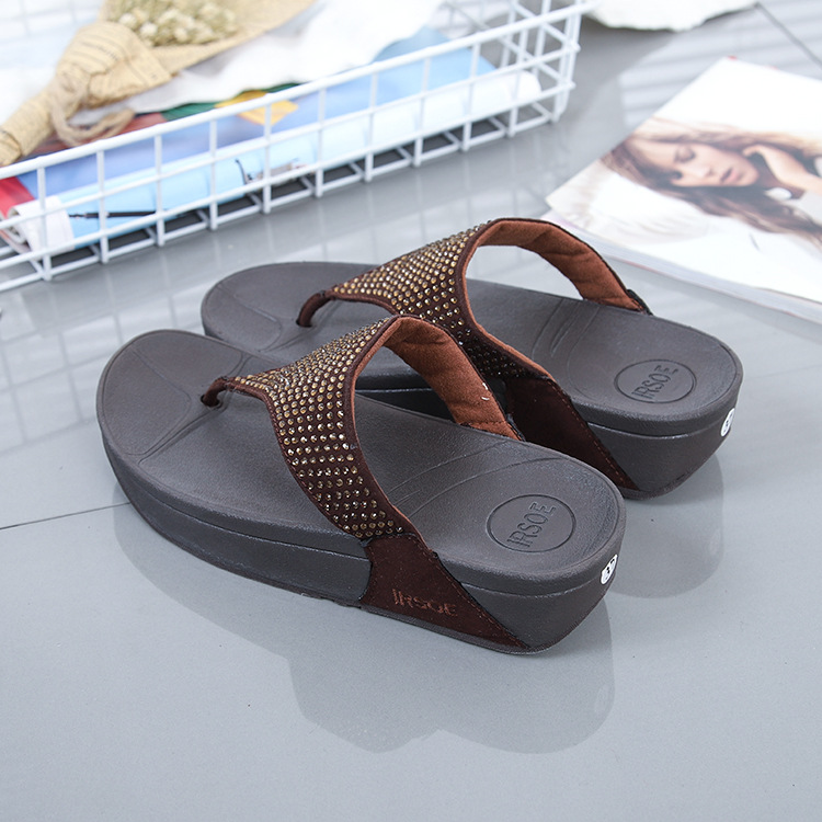 Summer Rhine-drill Flip-flops Slippers Women Medium Heels Sandals Non-slip Wedges Flip Flops
