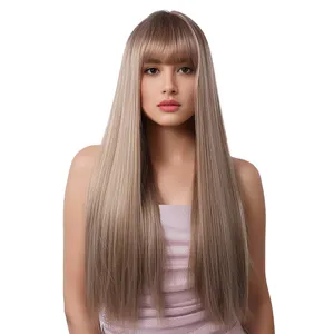 यूरोपीय-अमेरिकी शैली 2024 नए सीधे बैंग्स शैम्पेन भूरे लंबे सीधे बाल स्वभाव देवी विग पूरे सिर के बाल