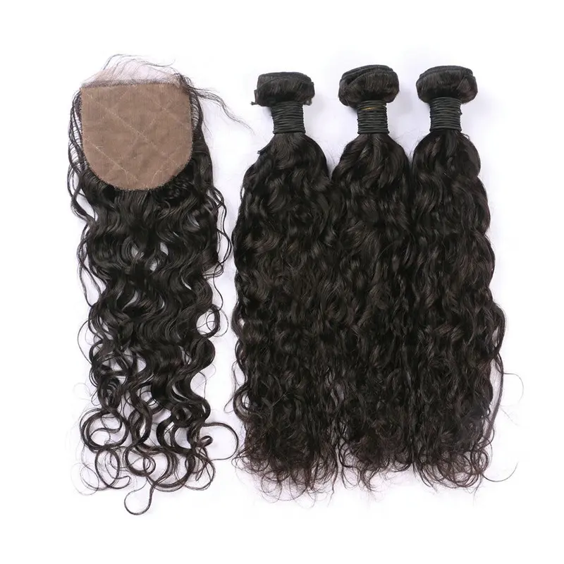 Pacotes de cabelo humano natural molhado e ondulado com fecho com cabelo de bebê 4x4 cabelo virgem peruano barato com fecho de base de seda