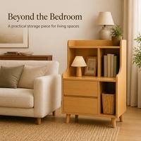 Table de chevet moderne en bois avec 2 tiroirs, étagère ouverte et compartiment de rangement surélevé pour chambre à coucher