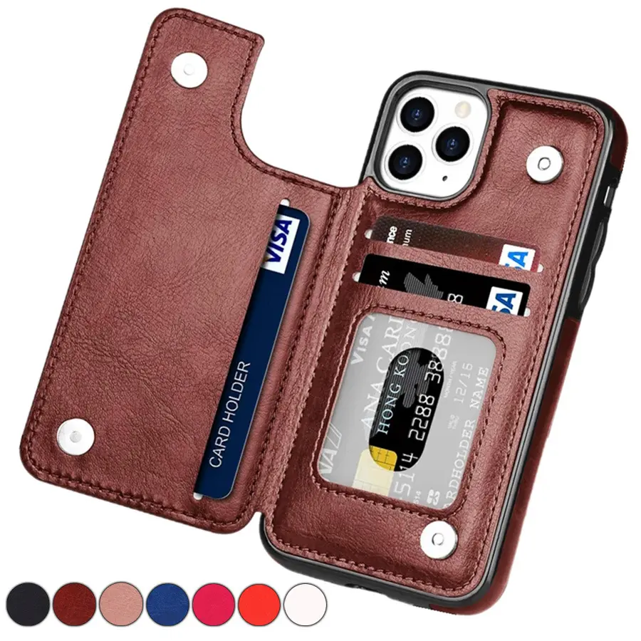 Casing ponsel dompet kulit mewah, casing ponsel kulit mewah dengan tempat kartu untuk iPhone 13 Pro Max 14 15 12 11, casing belakang gesper magnetik ganda