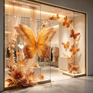 Installation murale G-96 de papillons géants en organza ambre chaud pour vitrine de magasin, décoration de grande ouverture - Product Image 5