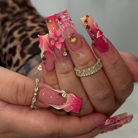 24 faux ongles à presser, forme cercueil, rose French, motif étoile de mer magenta, avec lime à ongles, vente en gros et dropshipping