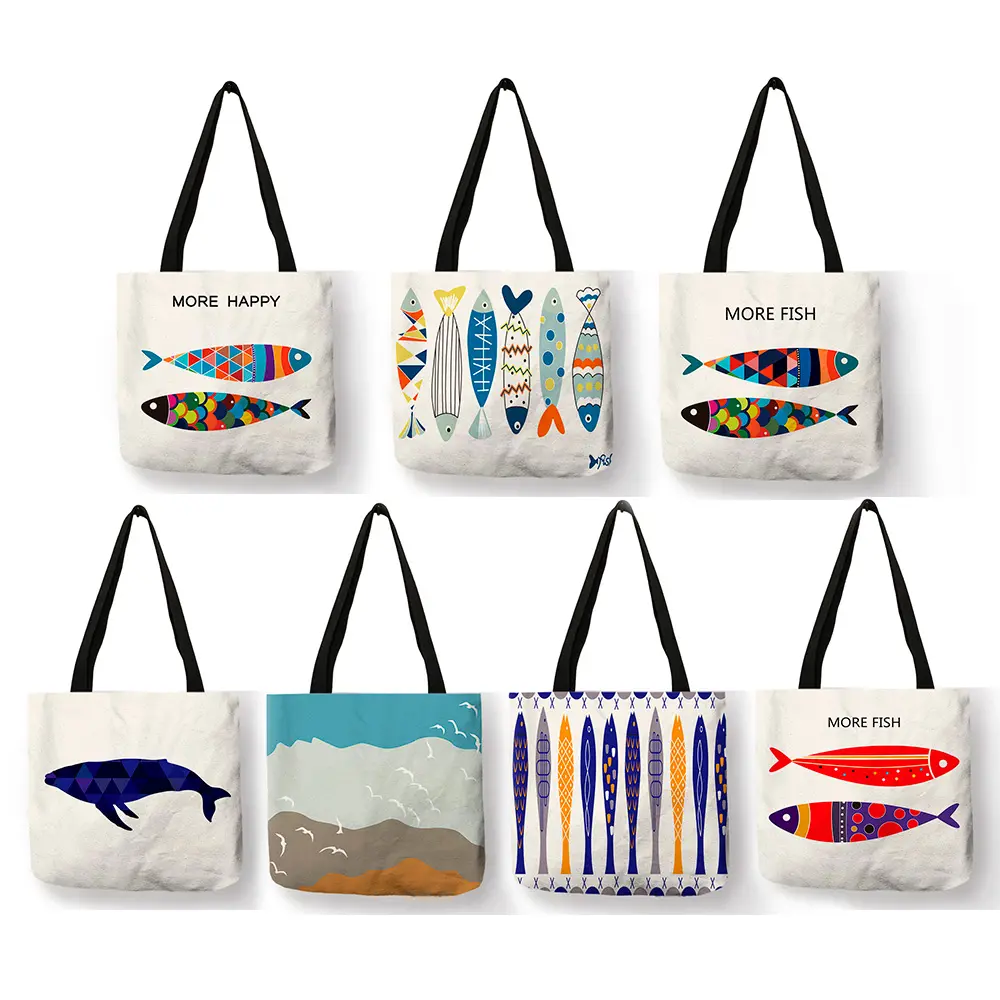 シンプルなデザインの学生のハンドバッグカラフルな魚の波のパターンプリント布トートサック多目的装飾アクセサリー収納ショルダーバッグ
