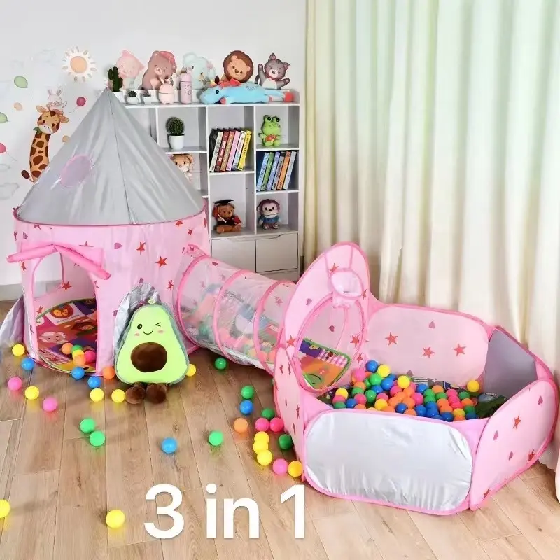 WOW 3 in 1 Fairy Princess Castle Teepee Tunnel Hoop Ball Pits Tent Indoor Playhouse Pop up Kids Tent for Baby