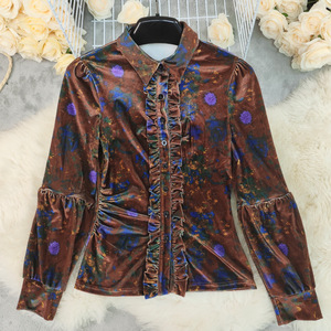 Camicette Casual <span class=keywords><strong>in</strong></span> <span class=keywords><strong>Velluto</strong></span> a Maniche Lunghe di Alta Qualità, Stile Vintage Floreale per <span class=keywords><strong>Donna</strong></span>, Maniche a Balze Traspiranti per Autunno/Primavera - Product Image 3