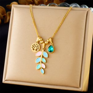 Fashionable Colorful Leaf Pendant Stainless Steel Gold Plated <b>Necklace</b> With <b>Tree</b> Of Life Charm Gift Jewelry - Product Image 1