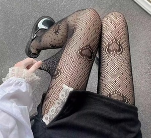 Collants fins en nylon à motif cœur noir et blanc pour femme, collants résille sexy pour soirée - Product Image 6