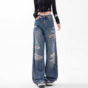 <span class=keywords><strong>Pantalones</strong></span> Vaqueros Azules Holgados de Cintura Alta para <span class=keywords><strong>Mujer</strong></span>, con Logotipo Personalizado, al por Mayor, Casuales, a la Moda, de Alta Calidad, con Parches - Product Image 4