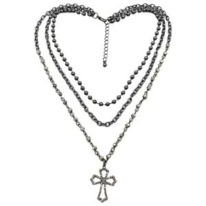 New Trends Multi-Layer Black Beads Link Chain Diamond Cross Pendant Necklace for Women Wholesale Fashion Jewelry