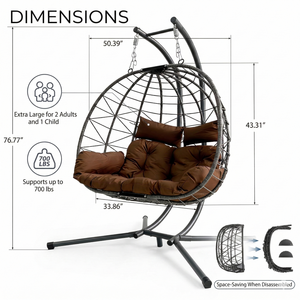 Fauteuil <span class=keywords><strong>suspendu</strong></span> <span class=keywords><strong>double</strong></span> moderne en acier avec coussin et support, idéal pour patio, chambre, balcon et jardin (utilisation intérieure/extérieure, marron) - Product Image 5
