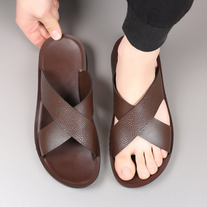 Sandalias de Verano para Hombre, Casuales, de Cuero Genuino, Punta Abierta, Forro Textil, Suela de Goma Antideslizante, Estilo Slip-On - Product Image 3