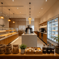 Aménagement de magasin de vente au détail axé sur le design pour café moderne avec vitrine de boulangerie et comptoir de bar à café pour livraison mondiale