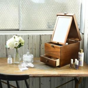 Cross-border wooden cosmetic storage box with drawers, <b>foldable</b> <b>mirror</b>, and dustproof dividers. - Product Image 1