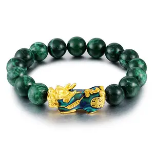 Hochwertige grüne Achat Pixiu Armband Sand Gold Farbe ändern Pixiu Blue Jade Stein Perlen Armbänder für Männer Frauen